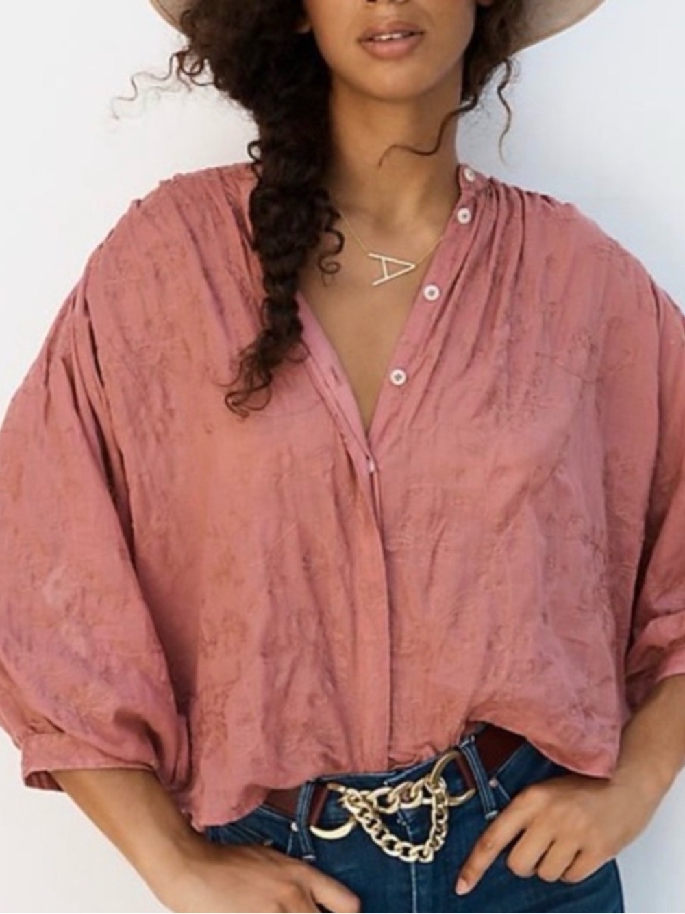 NWT Pilcro The Tavi Embroidered Blouse Small Pink Rose Boho Batwing Oversized